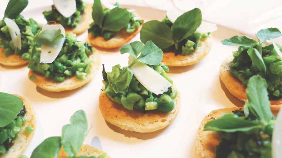 Crushed peas and mint on parmesan shortbread