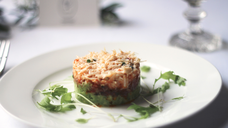 Crab and avocado tian with spiced tomato