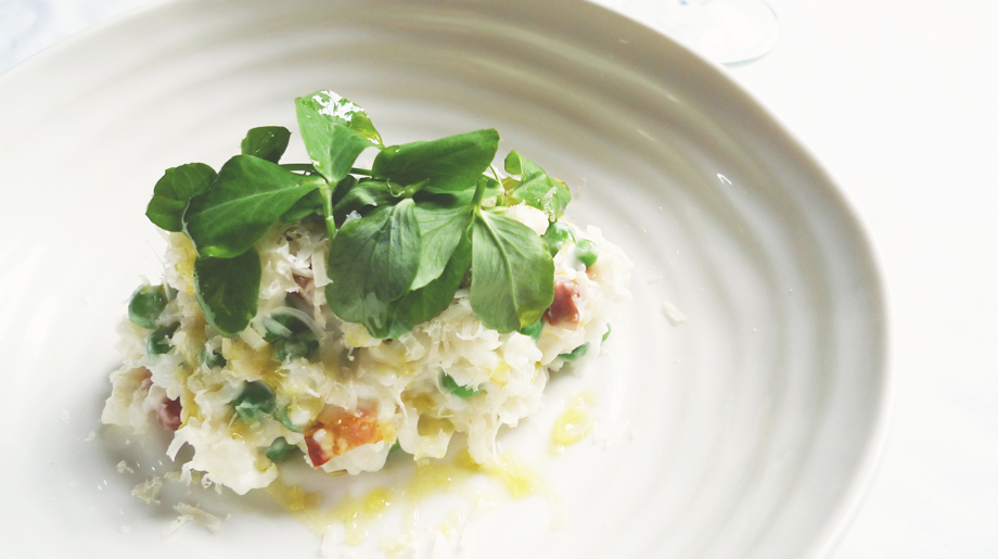 Pea pancetta risotto with parmesan and pea shoots