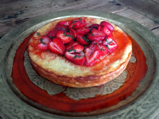 Ricotta Torte with strawberries, honey and mint