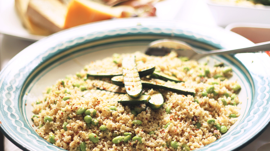 Cous cos and red quinoa with soy beans and grilled baby courgettes
