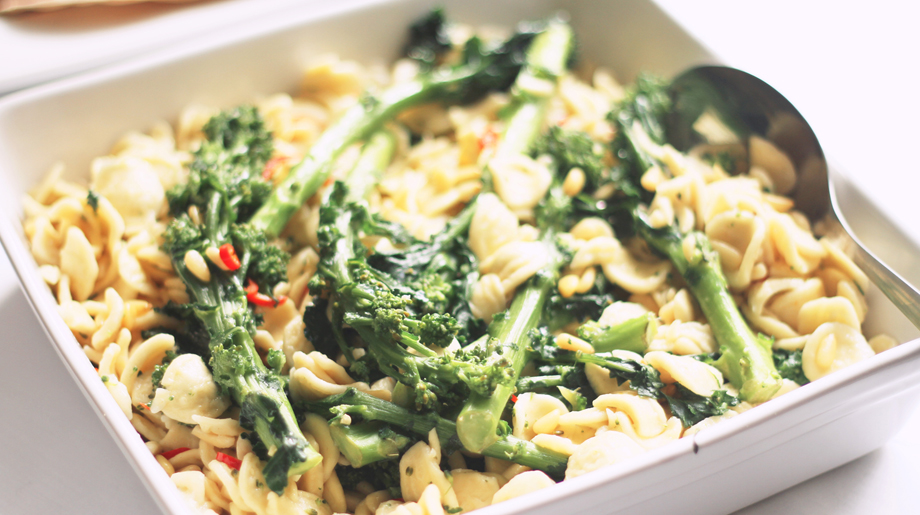 Orecchiette with tender-stem broccoli, pine nuts, chill and lemon