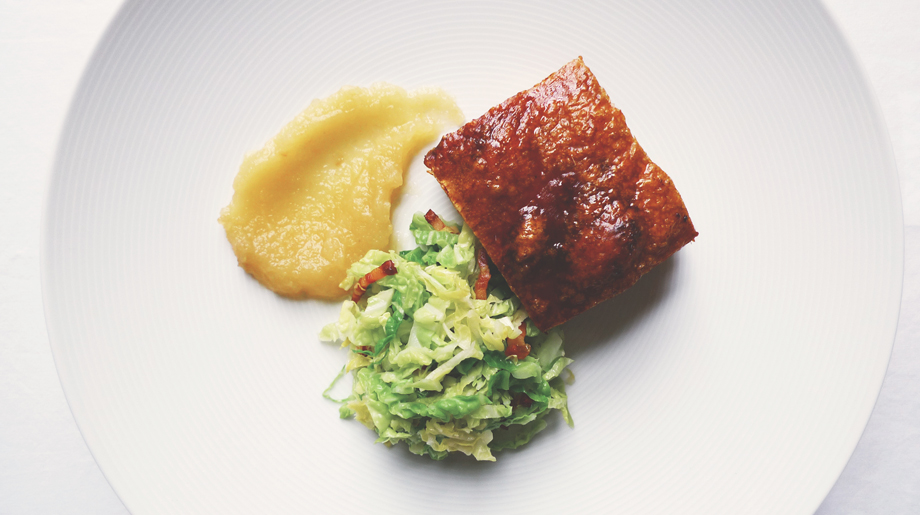 Slow roast pork belly with savoy cabbage and pancetta, apple puree