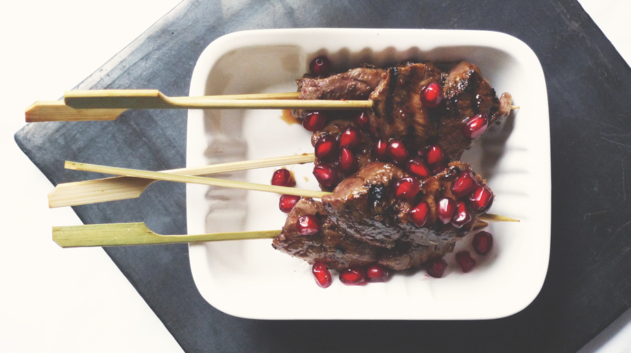 Pomegranate glazed grilled lamb skewers