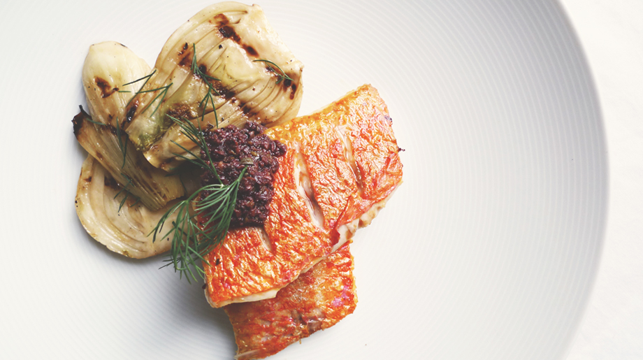 Pan fired red mullet, grilled fennel and black olive tapenade