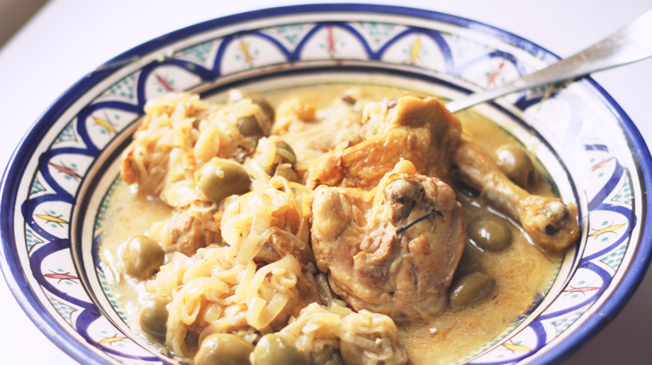 Chicken, green olive and saffron tagine